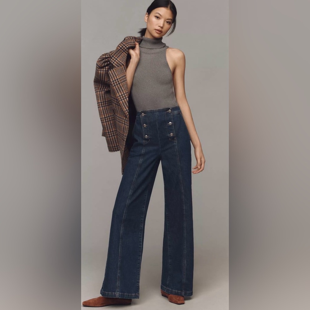 ETICA Violette Sailor Jeans Wide Leg Flare Denim button up front size 27